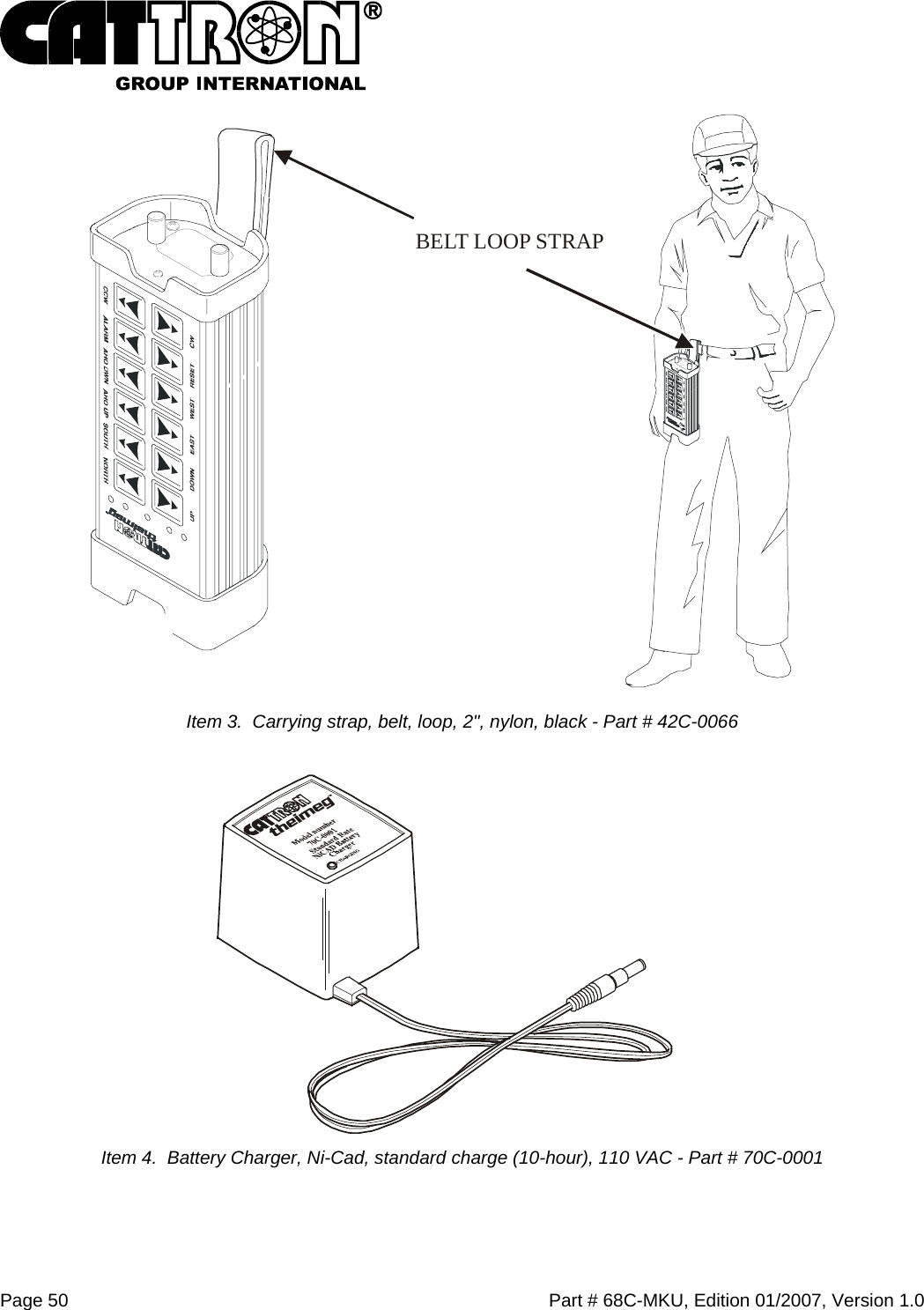  Page 50    Part # 68C-MKU, Edition 01/2007, Version 1.0 BELT LOOP STRAP Item 3.  Carrying strap, belt, loop, 2&quot;, nylon, black - Part # 42C-0066 Item 4.  Battery Charger, Ni-Cad, standard charge (10-hour), 110 VAC - Part # 70C-0001 