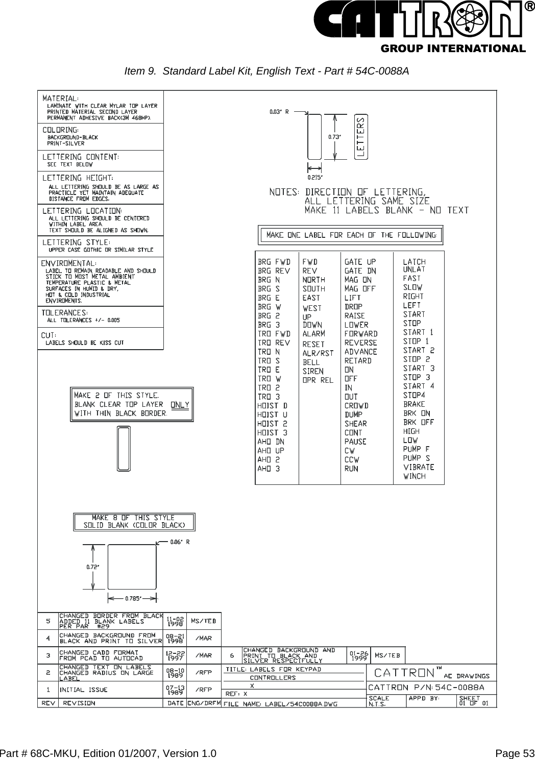  Part # 68C-MKU, Edition 01/2007, Version 1.0  Page 53   Item 9.  Standard Label Kit, English Text - Part # 54C-0088A  