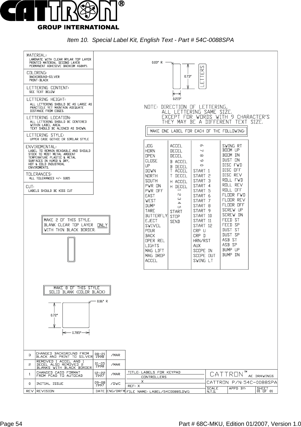  Page 54    Part # 68C-MKU, Edition 01/2007, Version 1.0 Item 10.  Special Label Kit, English Text - Part # 54C-0088SPA  