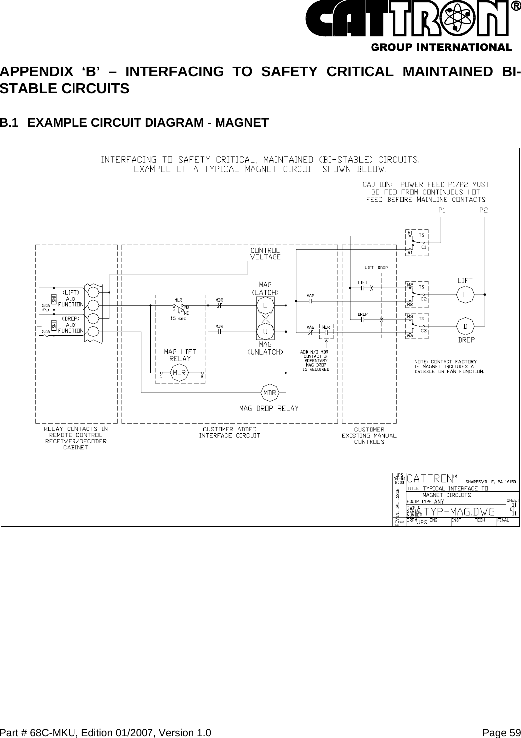  Part # 68C-MKU, Edition 01/2007, Version 1.0  Page 59   APPENDIX ‘B’ – INTERFACING TO SAFETY CRITICAL MAINTAINED BI-STABLE CIRCUITS B.1  EXAMPLE CIRCUIT DIAGRAM - MAGNET  