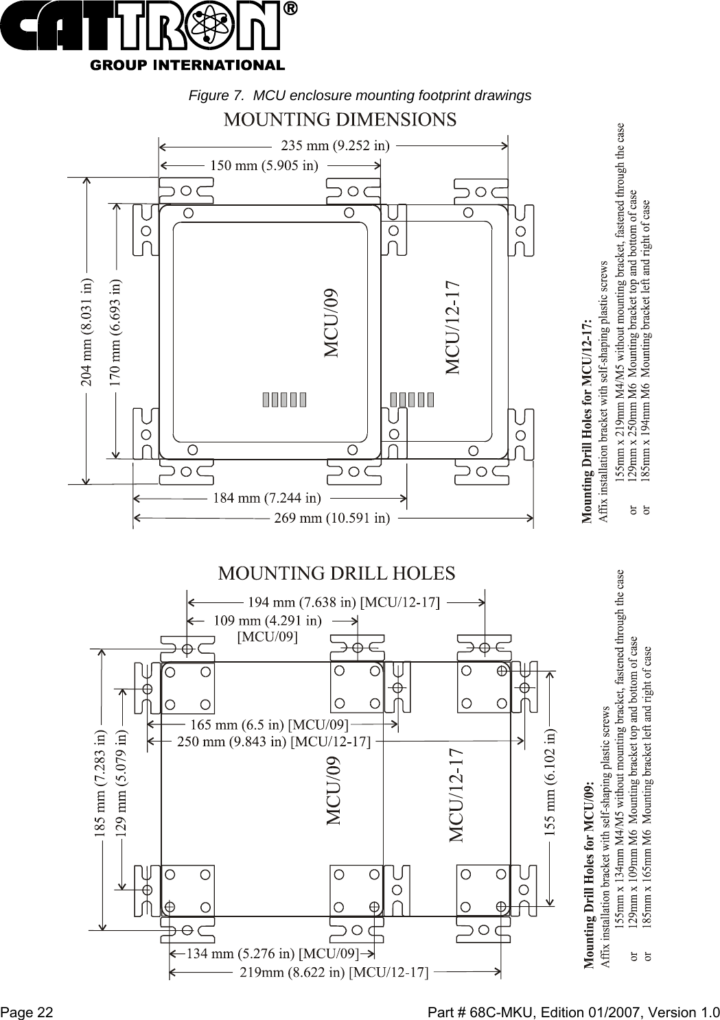  Page 22    Part # 68C-MKU, Edition 01/2007, Version 1.0 Figure 7.  MCU enclosure mounting footprint drawings  