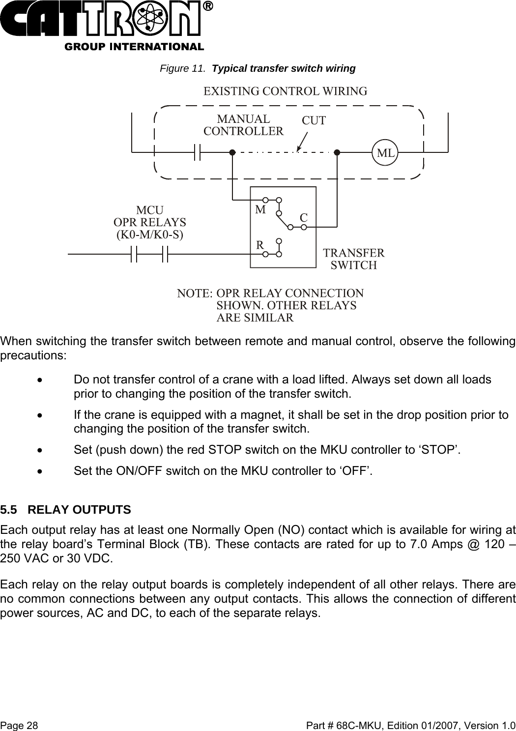  Page 28    Part # 68C-MKU, Edition 01/2007, Version 1.0 Figure 11.  Typical transfer switch wiring    When switching the transfer switch between remote and manual control, observe the following precautions: •  Do not transfer control of a crane with a load lifted. Always set down all loads prior to changing the position of the transfer switch. •  If the crane is equipped with a magnet, it shall be set in the drop position prior to changing the position of the transfer switch. •  Set (push down) the red STOP switch on the MKU controller to ‘STOP’. •  Set the ON/OFF switch on the MKU controller to ‘OFF’. 5.5 RELAY OUTPUTS Each output relay has at least one Normally Open (NO) contact which is available for wiring at the relay board’s Terminal Block (TB). These contacts are rated for up to 7.0 Amps @ 120 – 250 VAC or 30 VDC.  Each relay on the relay output boards is completely independent of all other relays. There are no common connections between any output contacts. This allows the connection of different power sources, AC and DC, to each of the separate relays. 
