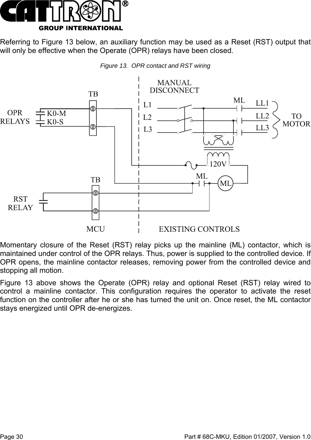  Page 30    Part # 68C-MKU, Edition 01/2007, Version 1.0 Referring to Figure 13 below, an auxiliary function may be used as a Reset (RST) output that will only be effective when the Operate (OPR) relays have been closed. Figure 13.  OPR contact and RST wiring    Momentary closure of the Reset (RST) relay picks up the mainline (ML) contactor, which is maintained under control of the OPR relays. Thus, power is supplied to the controlled device. If OPR opens, the mainline contactor releases, removing power from the controlled device and stopping all motion. Figure 13 above shows the Operate (OPR) relay and optional Reset (RST) relay wired to control a mainline contactor. This configuration requires the operator to activate the reset function on the controller after he or she has turned the unit on. Once reset, the ML contactor stays energized until OPR de-energizes.    