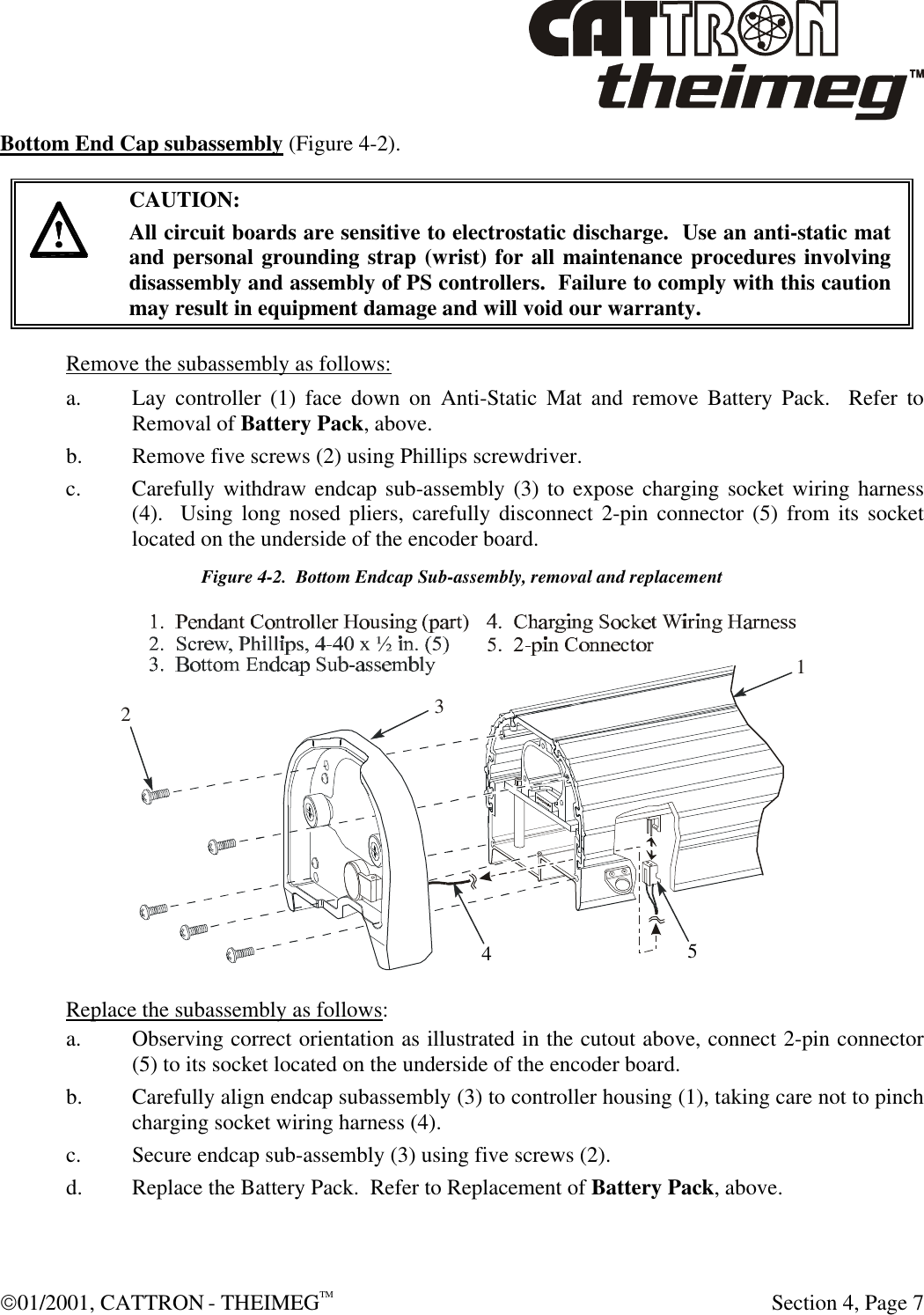  01/2001, CATTRON - THEIMEGTM  Section 4, Page 7 Bottom End Cap subassembly (Figure 4-2).     CAUTION: All circuit boards are sensitive to electrostatic discharge.  Use an anti-static mat and personal grounding strap (wrist) for all maintenance procedures involving disassembly and assembly of PS controllers.  Failure to comply with this caution may result in equipment damage and will void our warranty. Remove the subassembly as follows: a. Lay controller (1) face down on Anti-Static Mat and remove Battery Pack.  Refer to Removal of Battery Pack, above. b. Remove five screws (2) using Phillips screwdriver. c. Carefully withdraw endcap sub-assembly (3) to expose charging socket wiring harness (4).  Using long nosed pliers, carefully disconnect 2-pin connector (5) from its socket located on the underside of the encoder board. Figure 4-2.  Bottom Endcap Sub-assembly, removal and replacement  Replace the subassembly as follows: a. Observing correct orientation as illustrated in the cutout above, connect 2-pin connector (5) to its socket located on the underside of the encoder board. b. Carefully align endcap subassembly (3) to controller housing (1), taking care not to pinch charging socket wiring harness (4). c. Secure endcap sub-assembly (3) using five screws (2). d. Replace the Battery Pack.  Refer to Replacement of Battery Pack, above.               54213