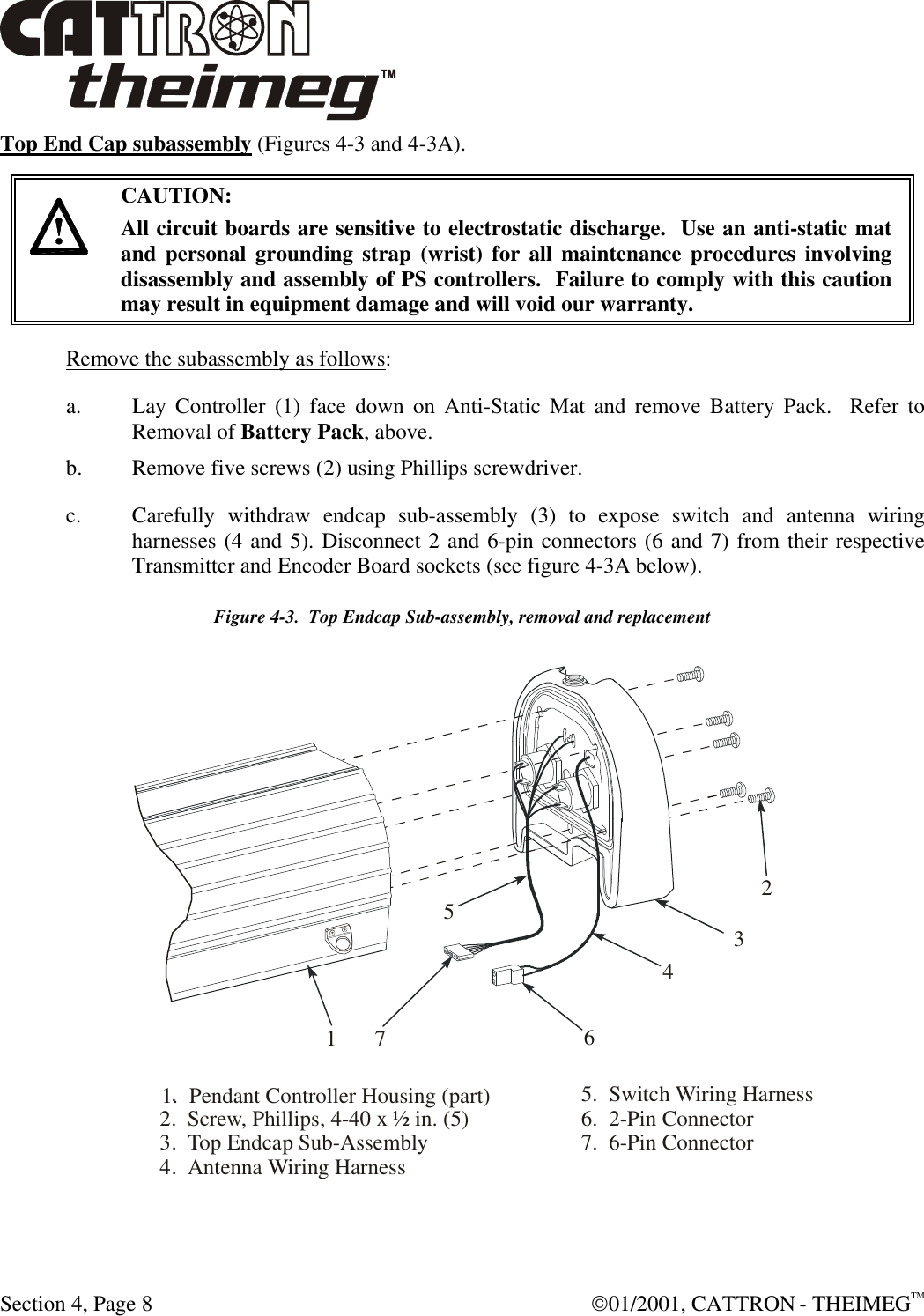  Section 4, Page 8  01/2001, CATTRON - THEIMEGTM Top End Cap subassembly (Figures 4-3 and 4-3A).     CAUTION: All circuit boards are sensitive to electrostatic discharge.  Use an anti-static mat and personal grounding strap (wrist) for all maintenance procedures involving disassembly and assembly of PS controllers.  Failure to comply with this caution may result in equipment damage and will void our warranty.  Remove the subassembly as follows: a. Lay Controller (1) face down on Anti-Static Mat and remove Battery Pack.  Refer to Removal of Battery Pack, above. b. Remove five screws (2) using Phillips screwdriver. c. Carefully withdraw endcap sub-assembly (3) to expose switch and antenna wiring harnesses (4 and 5). Disconnect 2 and 6-pin connectors (6 and 7) from their respective Transmitter and Encoder Board sockets (see figure 4-3A below). Figure 4-3.  Top Endcap Sub-assembly, removal and replacement 71.  1.  Pendant Controller Housing (part)2.  Screw , Phillips, 4-40 x ½ in. (5)3.  Top Endcap Sub-Assembly4.  A ntenna W iring H arness5.  Sw itch W iring H arness6.  2-Pin C onnector7.  6-Pin C onnector23465