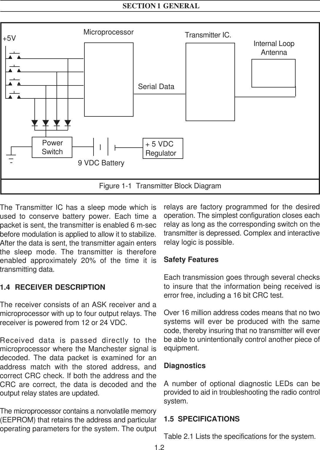 1.2The Transmitter IC has a sleep mode which isused to conserve battery power. Each time apacket is sent, the transmitter is enabled 6 m-secbefore modulation is applied to allow it to stabilize.After the data is sent, the transmitter again entersthe sleep mode. The transmitter is thereforeenabled approximately 20% of the time it istransmitting data.1.4  RECEIVER DESCRIPTIONThe receiver consists of an ASK receiver and amicroprocessor with up to four output relays. Thereceiver is powered from 12 or 24 VDC.Received data is passed directly to themicroprocessor where the Manchester signal isdecoded. The data packet is examined for anaddress match with the stored address, andcorrect CRC check. If both the address and theCRC are correct, the data is decoded and theoutput relay states are updated.The microprocessor contains a nonvolatile memory(EEPROM) that retains the address and particularoperating parameters for the system. The outputrelays are factory programmed for the desiredoperation. The simplest configuration closes eachrelay as long as the corresponding switch on thetransmitter is depressed. Complex and interactiverelay logic is possible.Safety FeaturesEach transmission goes through several checksto insure that the information being received iserror free, including a 16 bit CRC test.Over 16 million address codes means that no twosystems will ever be produced with the samecode, thereby insuring that no transmitter will everbe able to unintentionally control another piece ofequipment.DiagnosticsA number of optional diagnostic LEDs can beprovided to aid in troubleshooting the radio controlsystem.1.5  SPECIFICATIONSTable 2.1 Lists the specifications for the system.SECTION 1  GENERALMicroprocessor Transmitter IC.PowerSwitchSerial DataInternal LoopAntenna+ 5 VDCRegulator+5VFigure 1-1  Transmitter Block Diagram9 VDC Battery