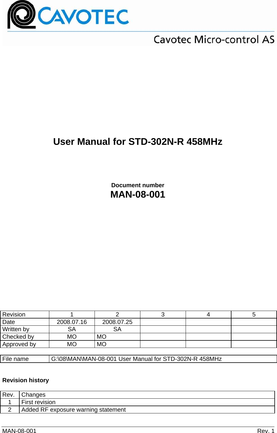  MAN-08-001   Rev. 1              User Manual for STD-302N-R 458MHz      Document number MAN-08-001                 Revision  1 2 3 4 5 Date 2008.07.16 2008.07.25      Written by  SA  SA       Checked by  MO  MO       Approved by  MO  MO        File name  G:\08\MAN\MAN-08-001 User Manual for STD-302N-R 458MHz   Revision history  Rev. Changes 1 First revision 2  Added RF exposure warning statement  