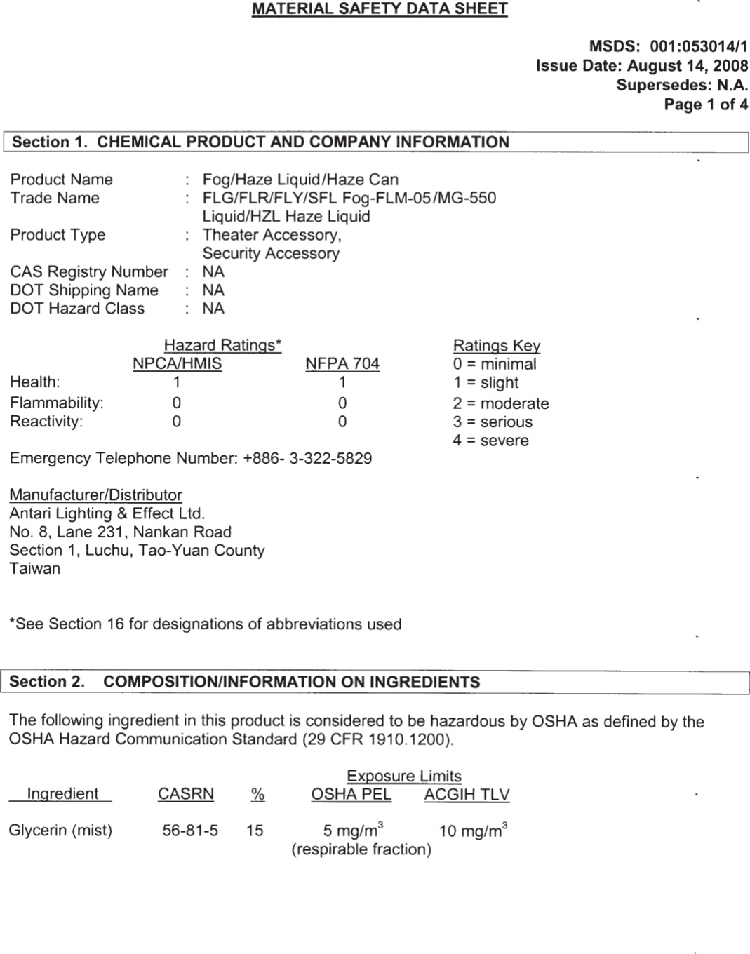 Antari Flr Fog Fluid Msds User Manual