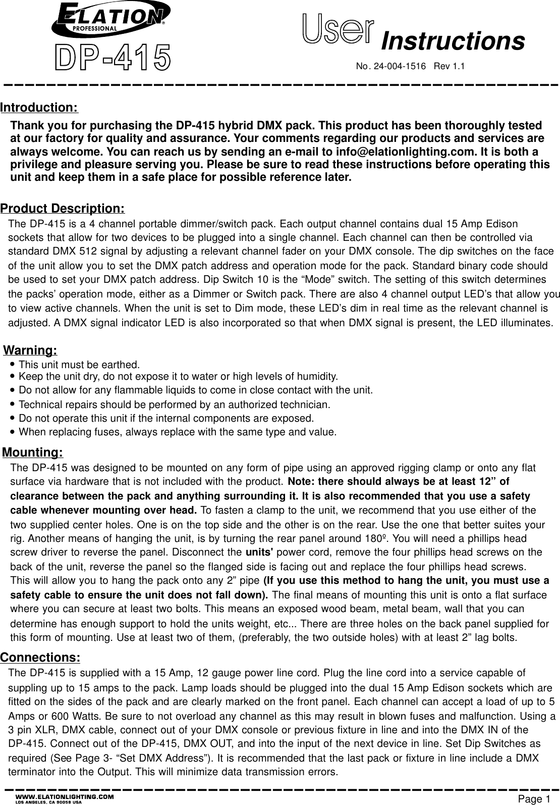 Page 1 of 4 - Dp415-Rev-May06 DP_415_ User Manual