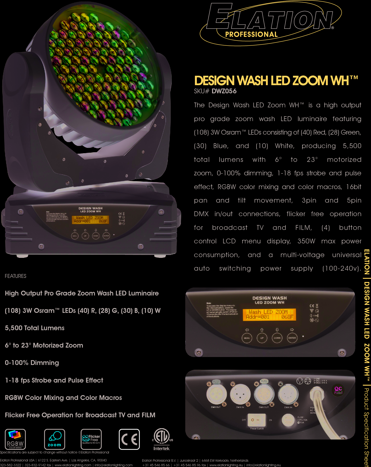 Page 1 of 2 - Elation Design Wash Led Zoom Wh Specification Sheet C3df18157a296400623df3d33c9084288ea55072c588870663b18e0a4f7ad94e User Manual