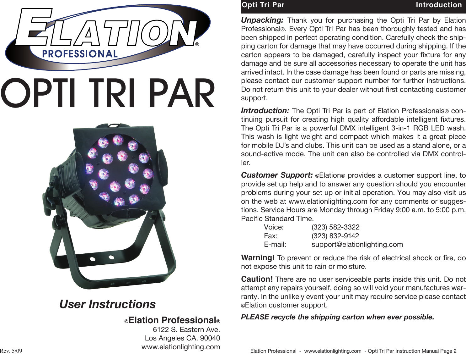 Page 1 of 8 - Opti Tri Par User Manual