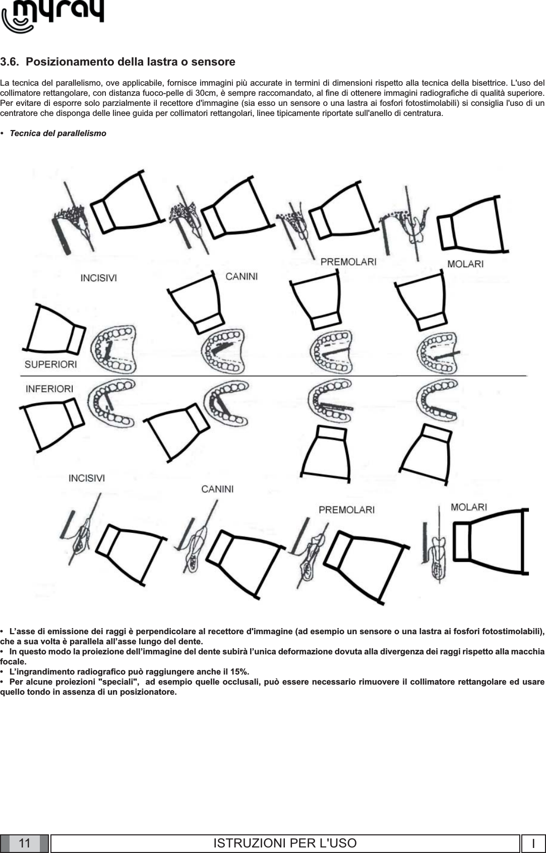 11 I11 ISTRUZIONI PER L&apos;USO3.6.  Posizionamento della lastra o sensoreLa tecnica del parallelismo, ove applicabile, fornisce immagini più accurate in termini di dimensioni rispetto alla tecnica della bisettrice. L&apos;uso del collimatore rettangolare, con distanza fuoco-pelle di 30cm, è sempre raccomandato, al ﬁ ne di ottenere immagini radiograﬁ che di qualità superiore. Per evitare di esporre solo parzialmente il recettore d&apos;immagine (sia esso un sensore o una lastra ai fosfori fotostimolabili) si consiglia l&apos;uso di un centratore che disponga delle linee guida per collimatori rettangolari, linee tipicamente riportate sull&apos;anello di centratura.Tecnica del parallelismo•L’asse di emissione dei raggi è perpendicolare al recettore d&apos;immagine (ad esempio un sensore o una lastra ai fosfori fotostimolabili),  che a sua volta è parallela all’asse lungo del dente. In questo modo la proiezione dell’immagine del dente subirà l’unica deformazione dovuta alla divergenza dei raggi rispetto alla macchia focale. L’ingrandimento radiograﬁ co può raggiungere anche il 15%.Per alcune proiezioni &quot;speciali&quot;,  ad esempio quelle occlusali, può essere necessario rimuovere il collimatore rettangolare ed usare quello tondo in assenza di un posizionatore.••••