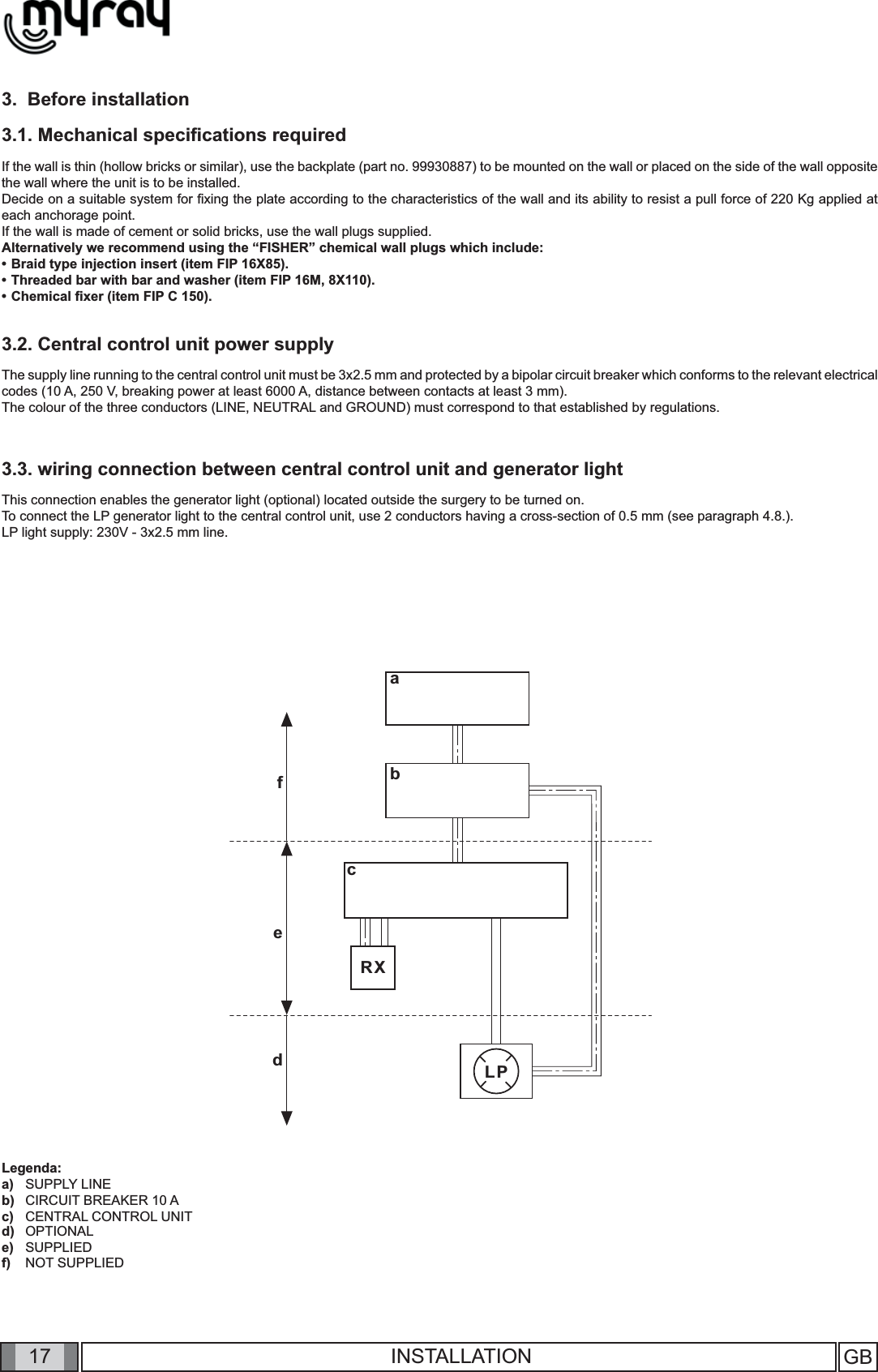 17RXLPabcdefGB INSTALLATION3.  Before installation3.1. Mechanical speciﬁ cations requiredIf the wall is thin (hollow bricks or similar), use the backplate (part no. 99930887) to be mounted on the wall or placed on the side of the wall opposite the wall where the unit is to be installed. Decide on a suitable system for ﬁ xing the plate according to the characteristics of the wall and its ability to resist a pull force of 220 Kg applied at each anchorage point. If the wall is made of cement or solid bricks, use the wall plugs supplied.  Alternatively we recommend using the “FISHER” chemical wall plugs which include: • Braid type injection insert (item FIP 16X85).• Threaded bar with bar and washer (item FIP 16M, 8X110).• Chemical ﬁ xer (item FIP C 150).3.2. Central control unit power supply The supply line running to the central control unit must be 3x2.5 mm and protected by a bipolar circuit breaker which conforms to the relevant electrical codes (10 A, 250 V, breaking power at least 6000 A, distance between contacts at least 3 mm).      The colour of the three conductors (LINE, NEUTRAL and GROUND) must correspond to that established by regulations. 3.3. wiring connection between central control unit and generator light This connection enables the generator light (optional) located outside the surgery to be turned on.  To connect the LP generator light to the central control unit, use 2 conductors having a cross-section of 0.5 mm (see paragraph 4.8.).LP light supply: 230V - 3x2.5 mm line. Legenda:SUPPLY LINECIRCUIT BREAKER 10 ACENTRAL CONTROL UNITOPTIONALSUPPLIEDNOT SUPPLIEDa)b)c)d)e)f)