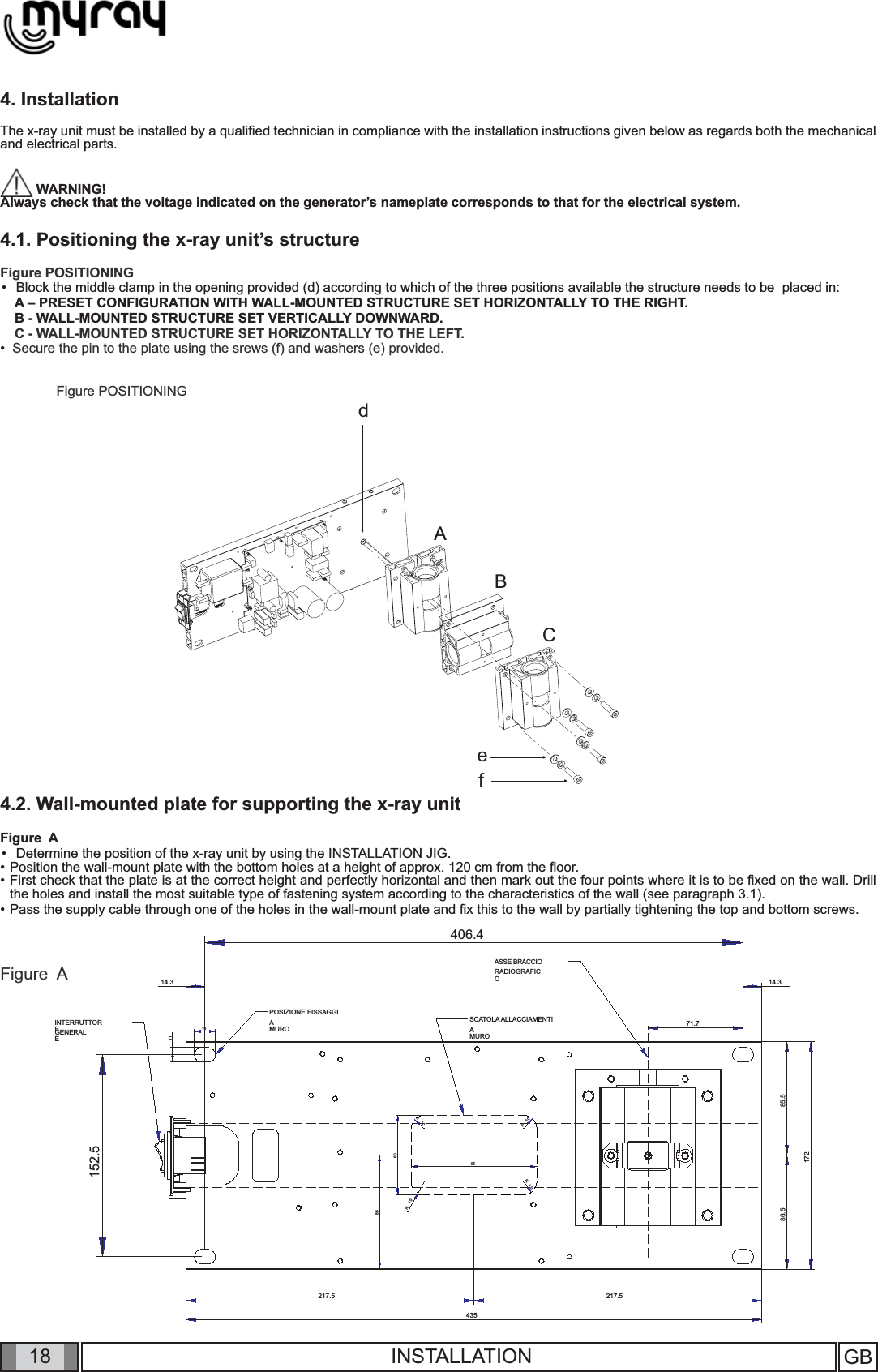 18SCATOLA ALLACCIAMENTIAMUROASSE BRACCIORADIOGRAFICOPOSIZIONE FISSAGGIAMUROINTERRUTTOREGENERALE152.5406.471.7435217.5 217.517285.586.5161114.314.36095R10R10R10R1086ABCefdGB INSTALLATION4. InstallationThe x-ray unit must be installed by a qualiﬁ ed technician in compliance with the installation instructions given below as regards both the mechanical and electrical parts. WARNING! Always check that the voltage indicated on the generator’s nameplate corresponds to that for the electrical system. 4.1. Positioning the x-ray unit’s structureFigure POSITIONING Block the middle clamp in the opening provided (d) according to which of the three positions available the structure needs to be  placed in:A – PRESET CONFIGURATION WITH WALL-MOUNTED STRUCTURE SET HORIZONTALLY TO THE RIGHT.  B - WALL-MOUNTED STRUCTURE SET VERTICALLY DOWNWARD. C - WALL-MOUNTED STRUCTURE SET HORIZONTALLY TO THE LEFT. •  Secure the pin to the plate using the srews (f) and washers (e) provided.•Figure  AFigure POSITIONING 4.2. Wall-mounted plate for supporting the x-ray unitFigure  ADetermine the position of the x-ray unit by using the INSTALLATION JIG.• Position the wall-mount plate with the bottom holes at a height of approx. 120 cm from the ﬂ oor. • First check that the plate is at the correct height and perfectly horizontal and then mark out the four points where it is to be ﬁ xed on the wall. Drill the holes and install the most suitable type of fastening system according to the characteristics of the wall (see paragraph 3.1). • Pass the supply cable through one of the holes in the wall-mount plate and ﬁ x this to the wall by partially tightening the top and bottom screws.•