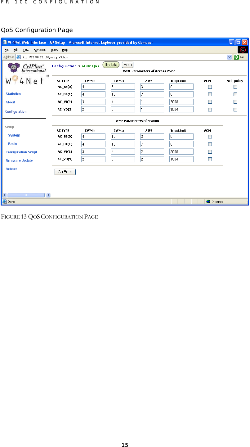 FR 100 CONFIGURATION  15QoS Configuration Page  FIGURE 13 QOS CONFIGURATION PAGE  