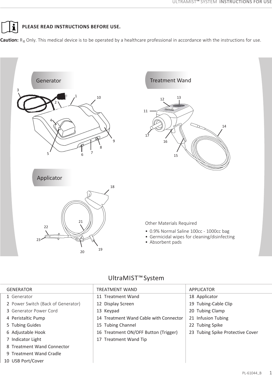  GENERATOR  1  Generator   2  Power Switch (Back of Generator)  3  Generator Power Cord  4  Peristaltic Pump  5  Tubing Guides  6  Adjustable Hook  7  Indicator Light  8  Treatment Wand Connector  9  Treatment Wand Cradle10  USB Port/Cover TREATMENT WAND11    Treatment Wand12  Display Screen13  Keypad14  Treatment Wand Cable with Connector15  Tubing Channel16  Treatment ON/OFF Button (Trigger)17  Treatment Wand Tip APPLICATOR18  Applicator19  Tubing-Cable Clip20  Tubing Clamp21  Infusion Tubing22  Tubing Spike23  Tubing Spike Protective Cover PLEASE READ INSTRUCTIONS BEFORE USE. UltraMIST™ SystemULTRAMIST™ SYSTEM  INSTRUCTIONS FOR USEOther Materials Required• 0.9% Normal Saline 100cc - 1000cc bag• Germicidal wipes for cleaning/disinfecting• Absorbent padsCaution: Rx Only. This medical device is to be operated by a healthcare professional in accordance with the instructions for use.Generator Treatment WandApplicator123456789101112 1314151617181920212223PL-61044_B       1