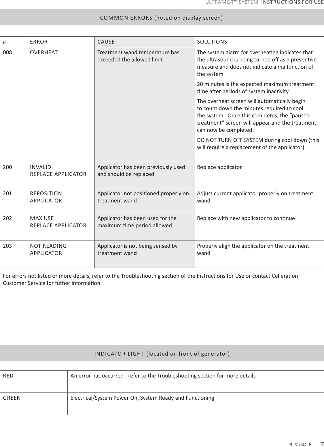 COMMON ERRORS (noted on display screen)#ERROR CAUSE SOLUTIONS008 OVERHEAT Treatment wand temperature has exceeded the allowed limitthe system 20 minutes is the expected maximum treatment to count down the minutes required to cool the system.  Once this completes, the “paused treatment” screen will appear and the treatment can now be completed.DO NOT TURN OFF SYSTEM during cool down (this will require a replacement of the applicator)200 INVALID REPLACE APPLICATORApplicator has been previously used and should be replacedReplace applicator201 REPOSITIONAPPLICATORtreatment wandAdjust current applicator properly on treatment wand202 MAX USEREPLACE APPLICATORApplicator has been used for the 203 NOT READING APPLICATORApplicator is not being sensed by treatment wandProperly align the applicator on the treatment wandINDICATOR LIGHT (located on front of generator)RED AGREEN PL-61044_B       7ULTRAMIST™ SYSTEM  INSTRUCTIONS FOR USE