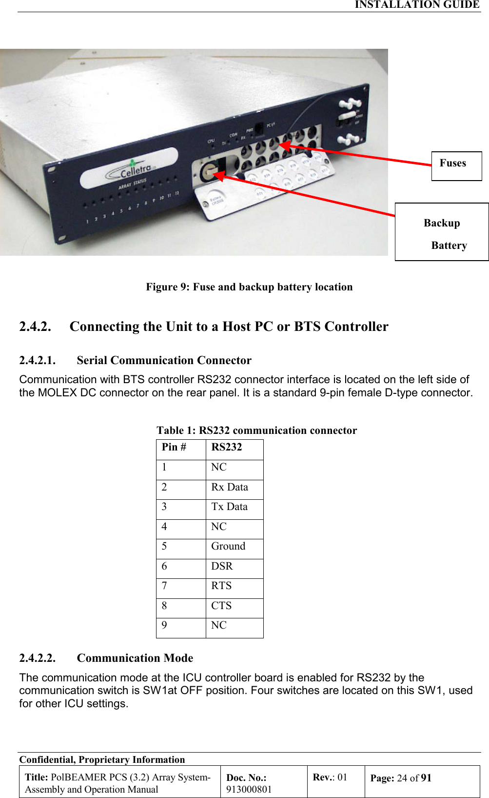  INSTALLATION GUIDE Confidential, Proprietary Information Title: PolBEAMER PCS (3.2) Array System- Assembly and Operation Manual Doc. No.: 913000801 Rev.: 01  Page: 24 of 91   Figure 9: Fuse and backup battery location 2.4.2.  Connecting the Unit to a Host PC or BTS Controller 2.4.2.1.  Serial Communication Connector Communication with BTS controller RS232 connector interface is located on the left side of the MOLEX DC connector on the rear panel. It is a standard 9-pin female D-type connector.   Table 1: RS232 communication connector  Pin #  RS232 1 NC 2 Rx Data 3 Tx Data 4 NC 5 Ground 6 DSR 7 RTS 8 CTS 9 NC 2.4.2.2. Communication Mode The communication mode at the ICU controller board is enabled for RS232 by the communication switch is SW1at OFF position. Four switches are located on this SW1, used for other ICU settings.  Backup Battery Fuses 