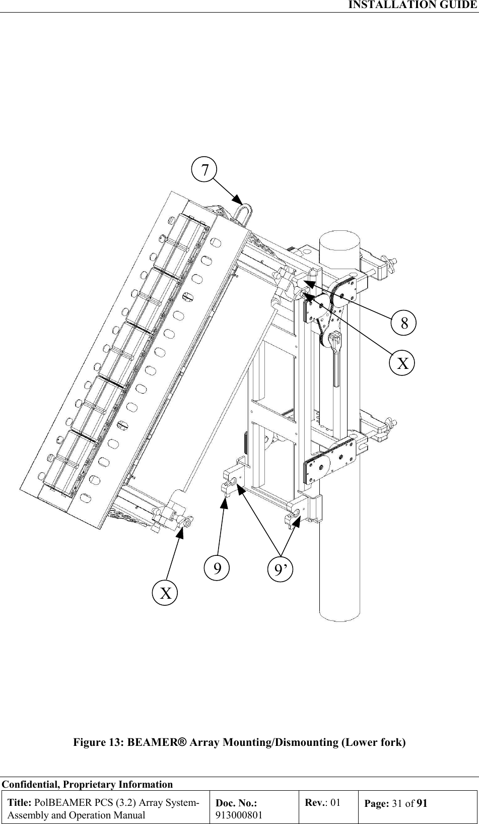  INSTALLATION GUIDE Confidential, Proprietary Information Title: PolBEAMER PCS (3.2) Array System- Assembly and Operation Manual Doc. No.: 913000801 Rev.: 01  Page: 31 of 91                                   Figure 13: BEAMER® Array Mounting/Dismounting (Lower fork)X  9  9’  7  8  X  