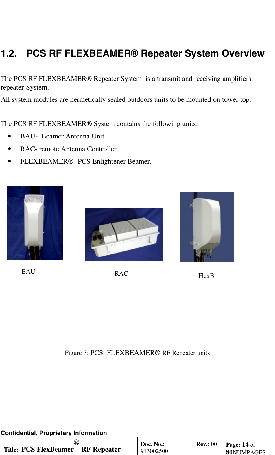 Confidential, Proprietary InformationTitle: PCS FlexBeamer® RF RepeaterSystem A &amp;O ManualDoc. No.:913002500 Rev.: 00 Page: 14 of80NUMPAGES1.2. PCS RF FLEXBEAMER® Repeater System OverviewThe PCS RF FLEXBEAMER® Repeater System  is a transmit and receiving amplifiersrepeater-System.All system modules are hermetically sealed outdoors units to be mounted on tower top.The PCS RF FLEXBEAMER® System contains the following units: • BAU-  Beamer Antenna Unit. • RAC- remote Antenna Controller • FLEXBEAMER®- PCS Enlightener Beamer.Figure 3: PCS  FLEXBEAMER® RF Repeater unitsBAU FlexBeamerRAC
