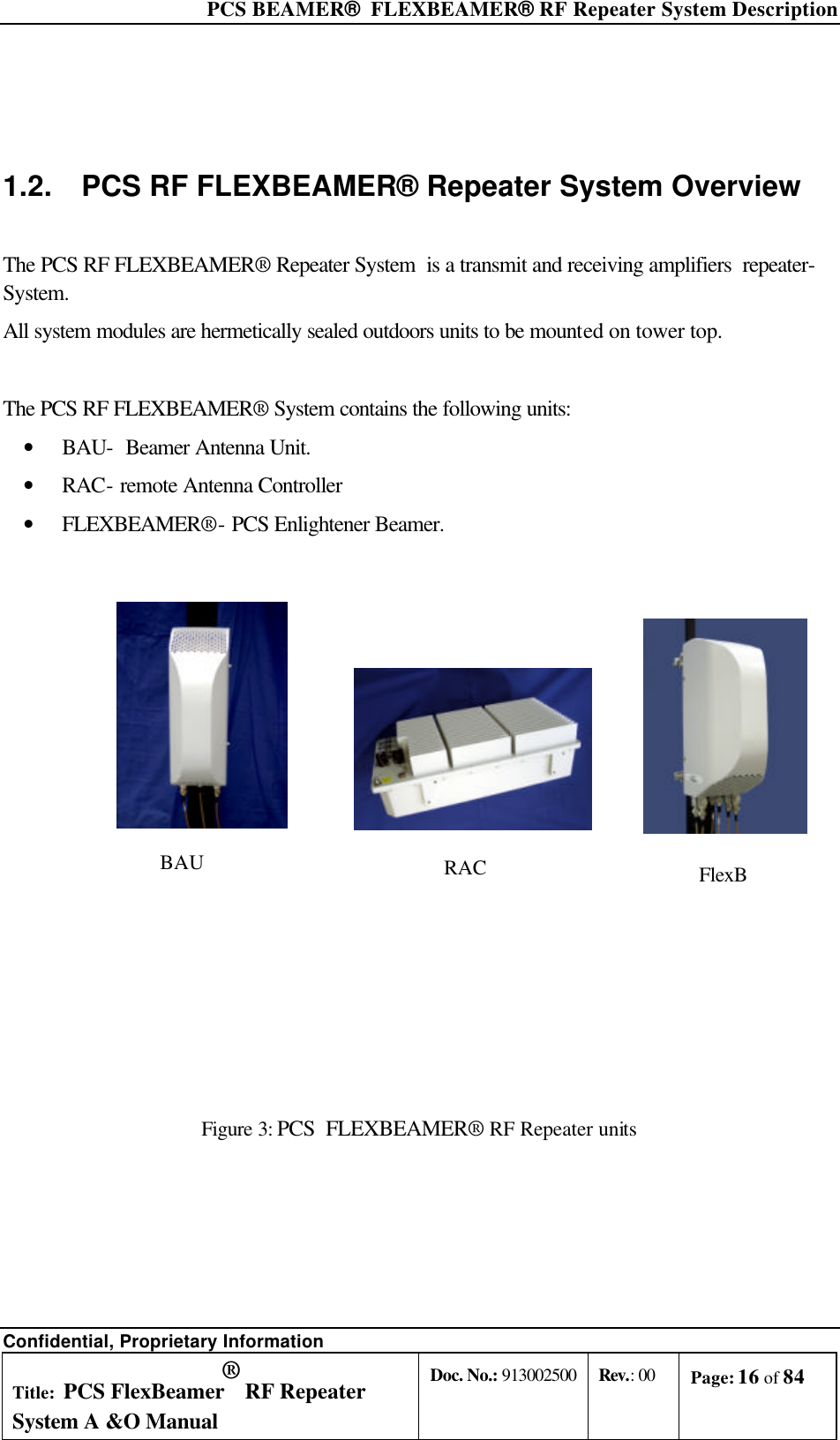  PCS BEAMER®  FLEXBEAMER® RF Repeater System Description Confidential, Proprietary Information Title: PCS FlexBeamer® RF Repeater System A &amp;O Manual Doc. No.: 913002500 Rev.: 00 Page: 16 of 84    1.2. PCS RF FLEXBEAMER® Repeater System Overview  The PCS RF FLEXBEAMER® Repeater System  is a transmit and receiving amplifiers  repeater-System.  All system modules are hermetically sealed outdoors units to be mounted on tower top.  The PCS RF FLEXBEAMER® System contains the following units: • BAU-  Beamer Antenna Unit. • RAC- remote Antenna Controller • FLEXBEAMER®- PCS Enlightener Beamer.                Figure 3: PCS  FLEXBEAMER® RF Repeater units  BAU FlexBeamer RAC 