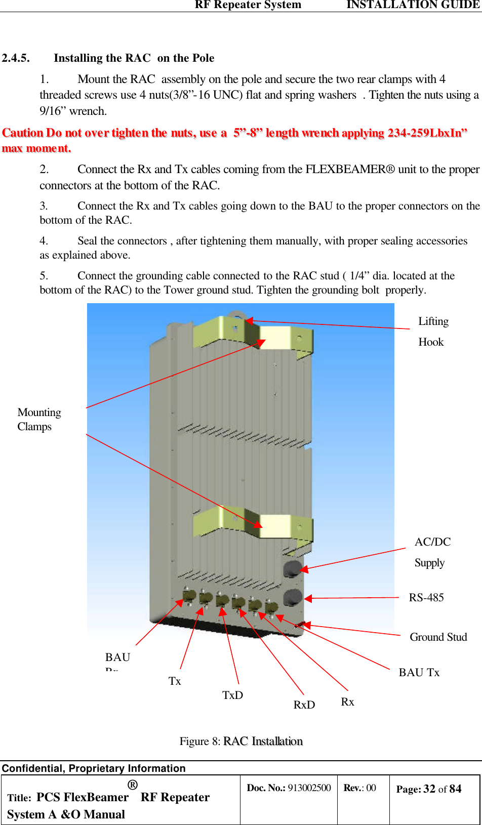  RF Repeater System    INSTALLATION GUIDE Confidential, Proprietary Information Title: PCS FlexBeamer® RF Repeater System A &amp;O Manual Doc. No.: 913002500 Rev.: 00 Page: 32 of 84   2.4.5. Installing the RAC  on the Pole 1.   Mount the RAC  assembly on the pole and secure the two rear clamps with 4 threaded screws use 4 nuts(3/8”-16 UNC) flat and spring washers  . Tighten the nuts using a 9/16” wrench. CCaauuttiioonn  DDoo  nnoott  oovveerr  ttiigghhtteenn  tthhee  nnuuttss,,  uussee  aa    55””--88””  lleennggtthh  wwrreenncchh  aappppllyyiinngg  223344--225599LLbbxxIInn””  mmaaxx  mmoommeenntt..  2.  Connect the Rx and Tx cables coming from the FLEXBEAMER® unit to the proper connectors at the bottom of the RAC. 3. Connect the Rx and Tx cables going down to the BAU to the proper connectors on the bottom of the RAC. 4.  Seal the connectors , after tightening them manually, with proper sealing accessories as explained above. 5.  Connect the grounding cable connected to the RAC stud ( 1/4” dia. located at the bottom of the RAC) to the Tower ground stud. Tighten the grounding bolt  properly.         Figure 8: RRAACC  IInnssttaallllaattiioonn BAU Rx      Tx BAU Tx RS-485 AC/DC  Supply Ground Stud Mounting Clamps Lifting Hook    TxD     RxD Rx 
