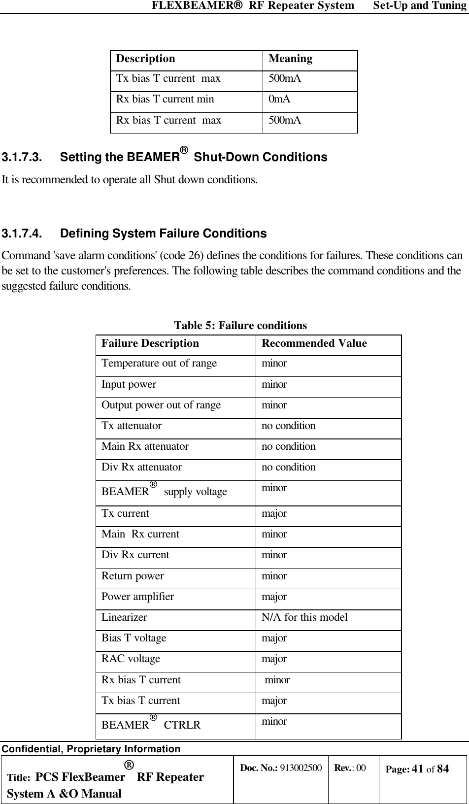 FLEXBEAMER®  RF Repeater System Set-Up and Tuning Confidential, Proprietary Information Title: PCS FlexBeamer® RF Repeater System A &amp;O Manual Doc. No.: 913002500 Rev.: 00 Page: 41 of 84   Description Meaning Tx bias T current  max 500mA Rx bias T current min  0mA Rx bias T current  max 500mA 3.1.7.3. Setting the BEAMER®  Shut-Down Conditions It is recommended to operate all Shut down conditions.  3.1.7.4. Defining System Failure Conditions Command &apos;save alarm conditions&apos; (code 26) defines the conditions for failures. These conditions can be set to the customer&apos;s preferences. The following table describes the command conditions and the suggested failure conditions. Table 5: Failure conditions Failure Description Recommended Value Temperature out of range minor Input power  minor Output power out of range minor Tx attenuator no condition Main Rx attenuator no condition Div Rx attenuator no condition BEAMER®  supply voltage minor Tx current major Main  Rx current minor Div Rx current minor Return power minor Power amplifier major Linearizer N/A for this model Bias T voltage major RAC voltage major Rx bias T current  minor Tx bias T current major BEAMER®  CTRLR minor 