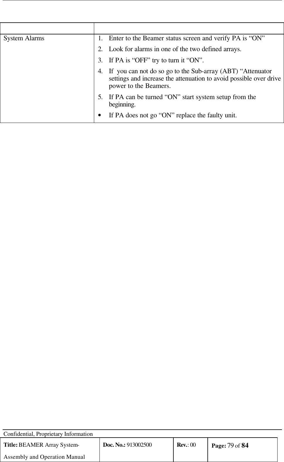  Confidential, Proprietary Information Title: BEAMER Array System- Assembly and Operation Manual Doc. No.: 913002500 Rev.: 00 Page: 79 of 84     System Alarms 1. Enter to the Beamer status screen and verify PA is “ON” 2. Look for alarms in one of the two defined arrays. 3. If PA is “OFF” try to turn it “ON”. 4. If  you can not do so go to the Sub-array (ABT) “Attenuator settings and increase the attenuation to avoid possible over drive power to the Beamers. 5. If PA can be turned “ON” start system setup from the beginning. • If PA does not go “ON” replace the faulty unit.  