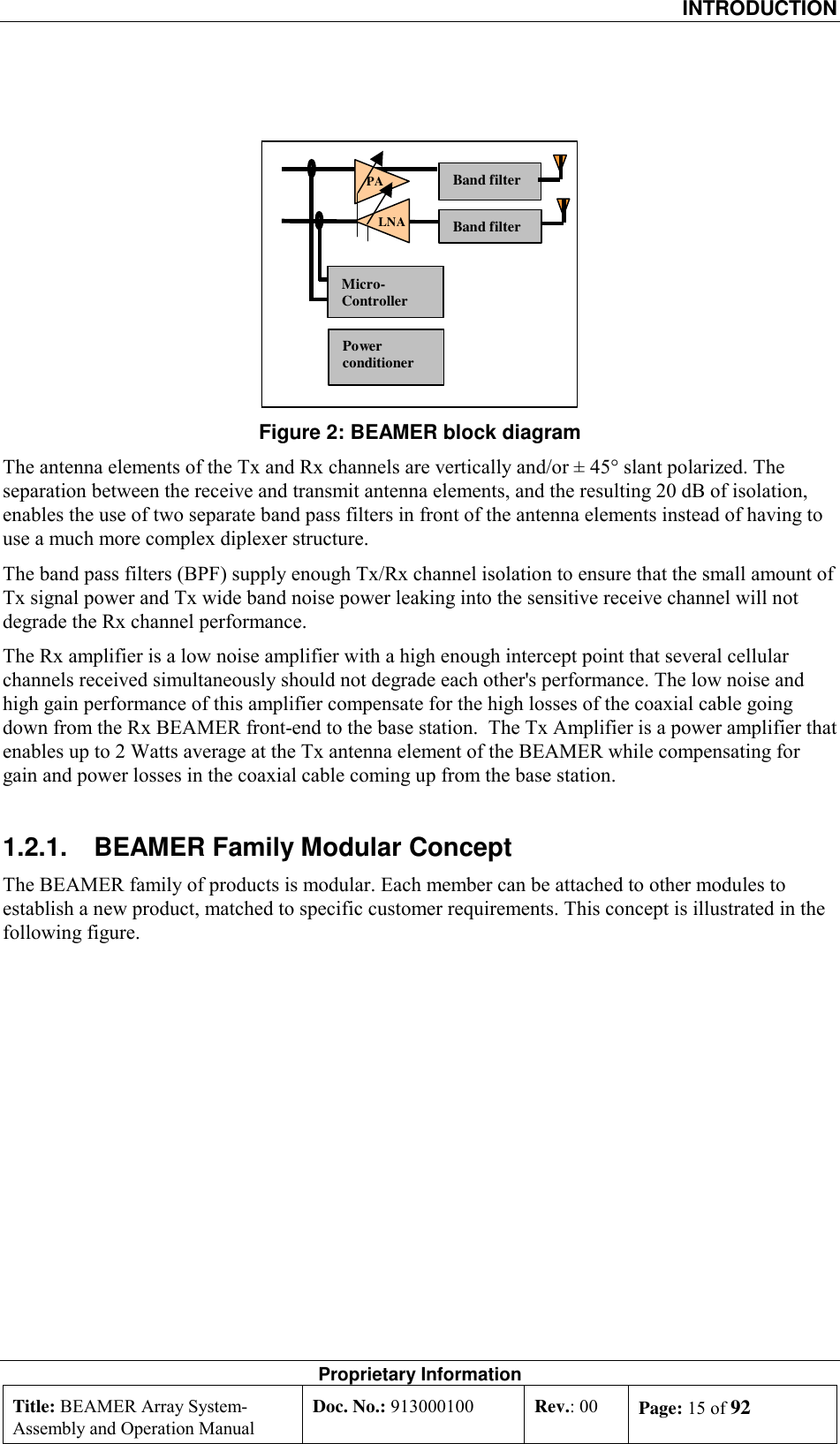  INTRODUCTION Proprietary Information Title: BEAMER Array System- Assembly and Operation Manual Doc. No.: 913000100  Rev.: 00  Page: 15 of 92   Band filterBand filterMicro-ControllerPowerconditionerPALNA Figure 2: BEAMER block diagram The antenna elements of the Tx and Rx channels are vertically and/or ± 45° slant polarized. The separation between the receive and transmit antenna elements, and the resulting 20 dB of isolation, enables the use of two separate band pass filters in front of the antenna elements instead of having to use a much more complex diplexer structure. The band pass filters (BPF) supply enough Tx/Rx channel isolation to ensure that the small amount of Tx signal power and Tx wide band noise power leaking into the sensitive receive channel will not degrade the Rx channel performance. The Rx amplifier is a low noise amplifier with a high enough intercept point that several cellular channels received simultaneously should not degrade each other&apos;s performance. The low noise and high gain performance of this amplifier compensate for the high losses of the coaxial cable going down from the Rx BEAMER front-end to the base station.  The Tx Amplifier is a power amplifier that enables up to 2 Watts average at the Tx antenna element of the BEAMER while compensating for gain and power losses in the coaxial cable coming up from the base station. 1.2.1.  BEAMER Family Modular Concept The BEAMER family of products is modular. Each member can be attached to other modules to establish a new product, matched to specific customer requirements. This concept is illustrated in the following figure. 