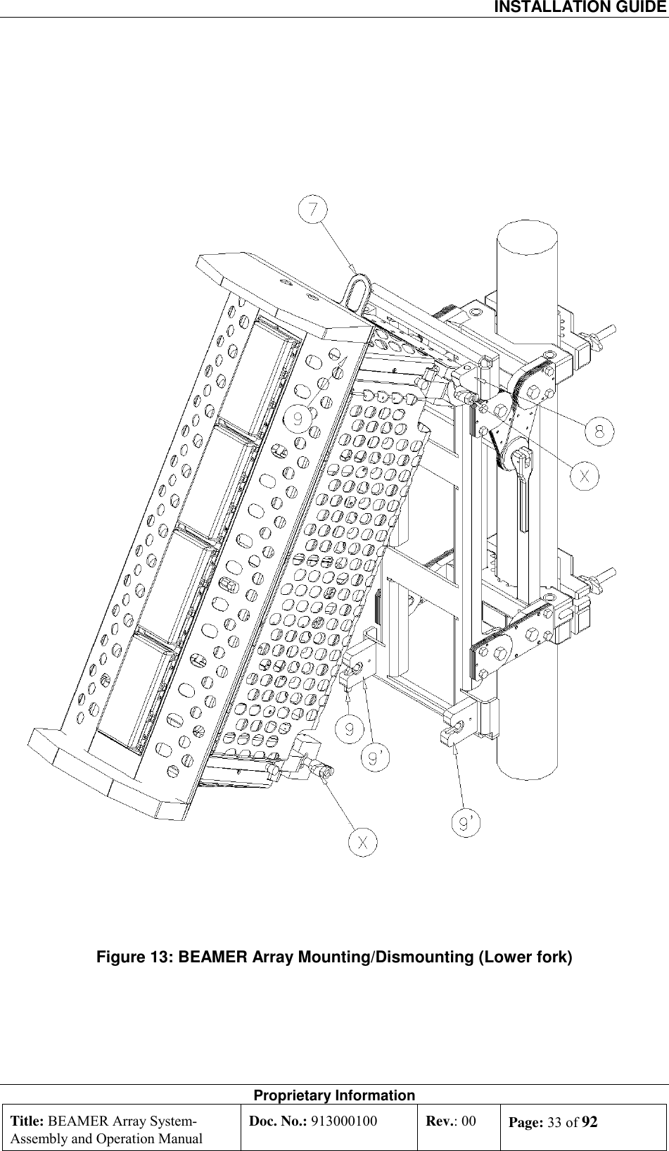  INSTALLATION GUIDE Proprietary Information Title: BEAMER Array System- Assembly and Operation Manual Doc. No.: 913000100  Rev.: 00  Page: 33 of 92     Figure 13: BEAMER Array Mounting/Dismounting (Lower fork)