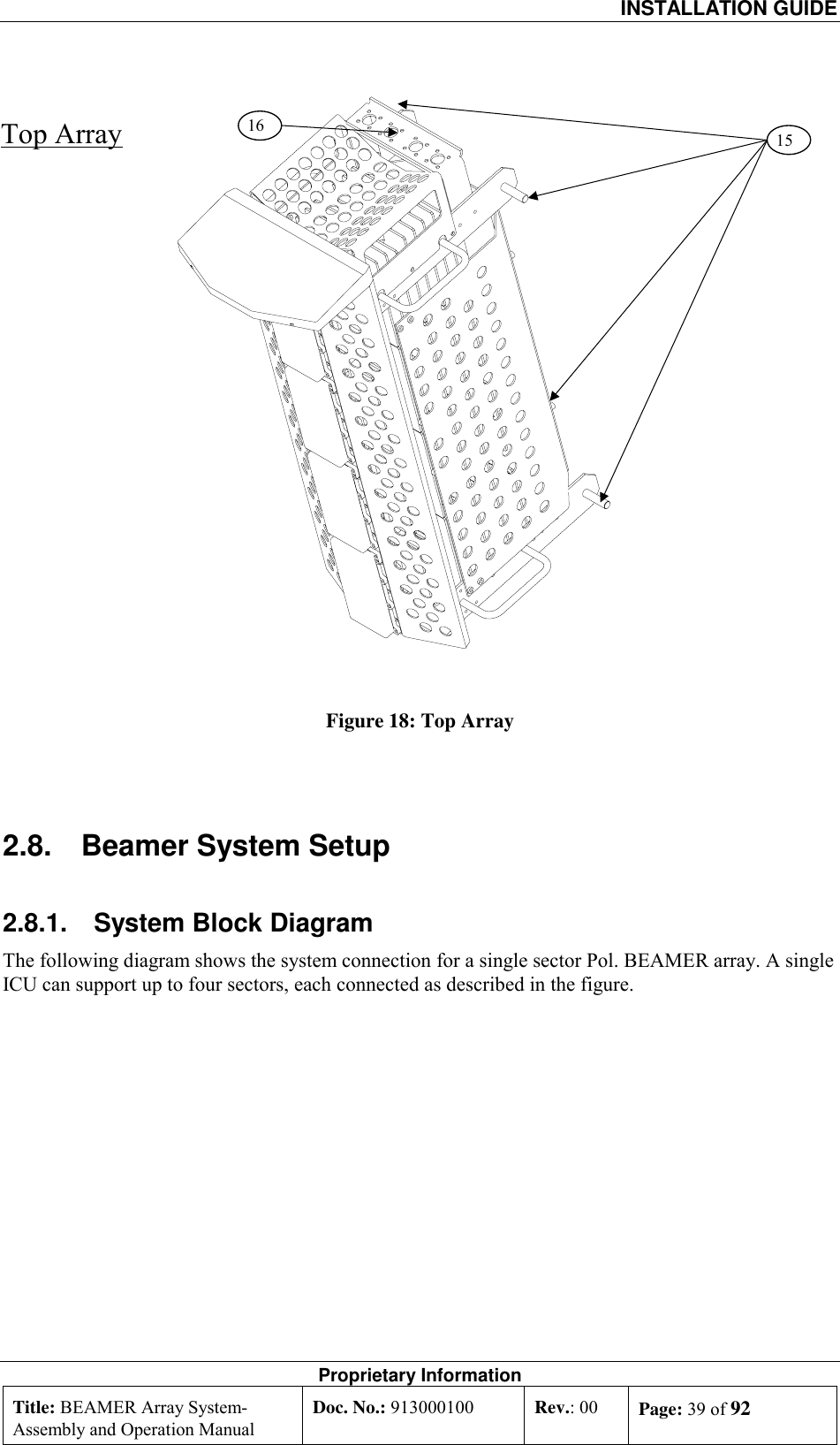  INSTALLATION GUIDE Proprietary Information Title: BEAMER Array System- Assembly and Operation Manual Doc. No.: 913000100  Rev.: 00  Page: 39 of 92   Figure 18: Top Array  2.8.  Beamer System Setup 2.8.1.  System Block Diagram The following diagram shows the system connection for a single sector Pol. BEAMER array. A single ICU can support up to four sectors, each connected as described in the figure. Top Array 1516