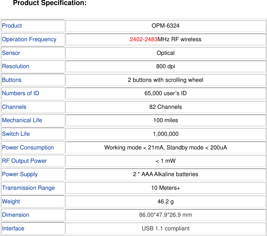   Product Specification:  Product OPM-6324 Operation Frequency 2402-2483MHz RF wireless Sensor Optical Resolution 800 dpi Buttons 2 buttons with scrolling wheel Numbers of ID 65,000 user’s ID Channels 82 Channels Mechanical Life 100 miles Switch Life 1,000,000 Power Consumption Working mode &lt; 21mA, Standby mode &lt; 200uA RF Output Power &lt; 1 mW Power Supply 2 * AAA Alkaline batteries Transmission Range 10 Meters+ Weight   46.2 g Dimension 86.00*47.9*26.9 mm Interface USB 1.1 compliant       