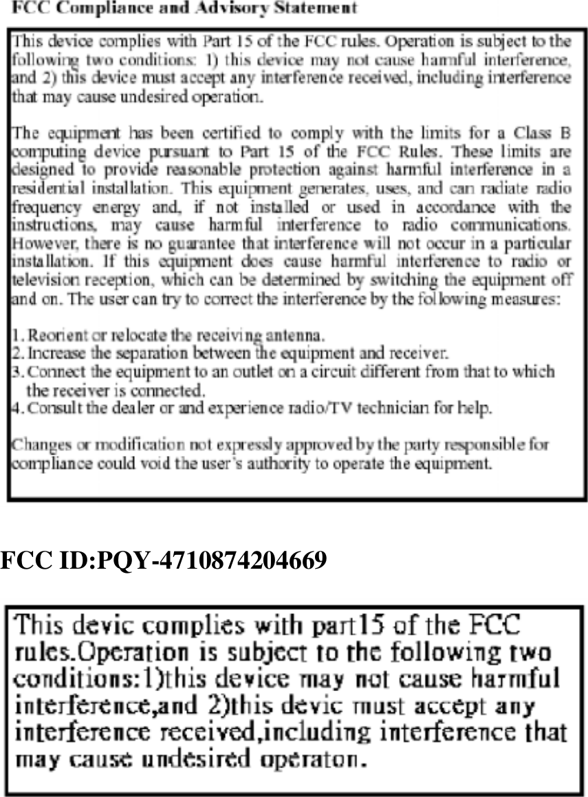   FCC ID:PQY-4710874204669        