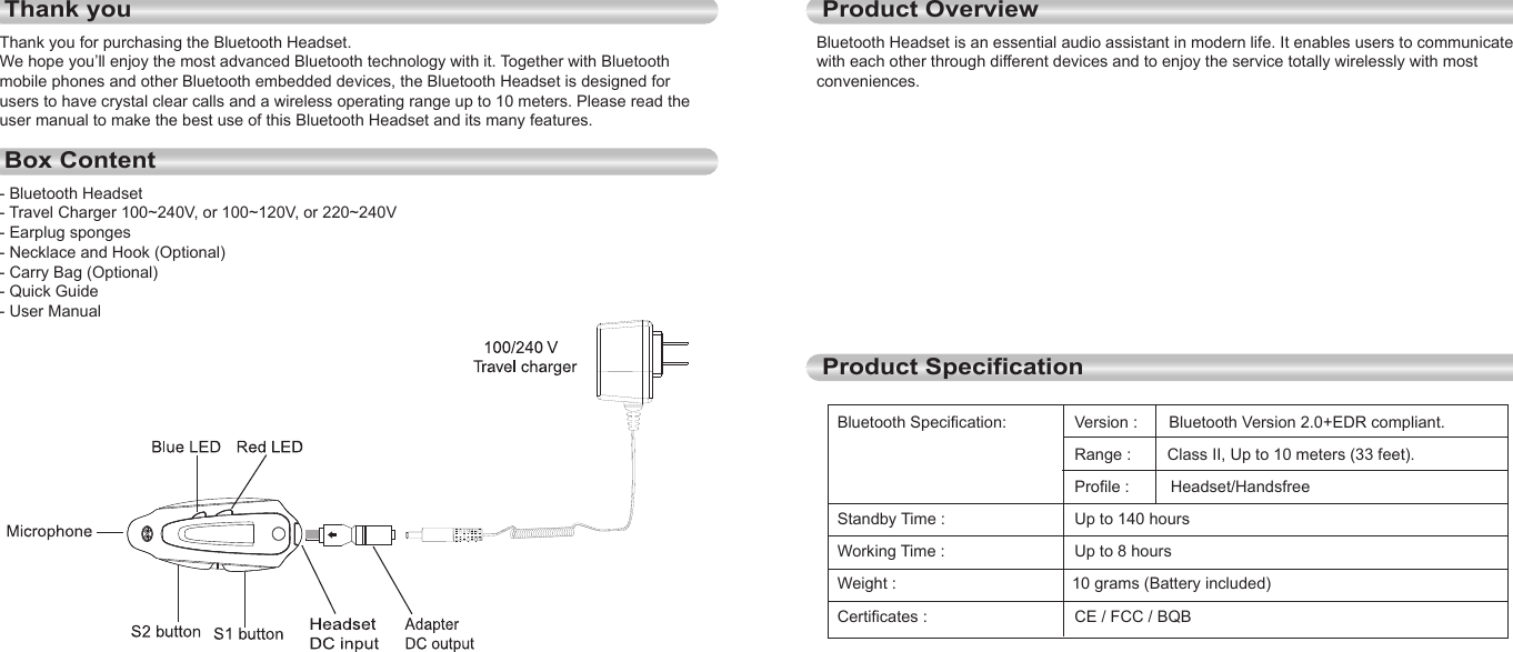 32EnglishEnglishThank you for purchasing the Bluetooth Headset.We hope you’ll enjoy the most advanced Bluetooth technology with it. Together with Bluetooth mobile phones and other Bluetooth embedded devices, the Bluetooth Headset is designed for users to have crystal clear calls and a wireless operating range up to 10 meters. Please read the user manual to make the best use of this Bluetooth Headset and its many features.Bluetooth Headset is an essential audio assistant in modern life. It enables users to communicate with each other through different devices and to enjoy the service totally wirelessly with most conveniences.- Bluetooth Headset- Travel Charger 100~240V, or 100~120V, or 220~240V- Earplug sponges- Necklace and Hook (Optional)- Carry Bag (Optional)- Quick Guide- User ManualStandby Time :                            Up to 140 hoursWorking Time :                            Up to 8 hoursWeight :                                       10 grams (Battery included)Certificates :                             CE / FCC / BQBVersion :       Bluetooth Version 2.0+EDR compliant.Range :        Class II, Up to 10 meters (33 feet).Profile :         Headset/HandsfreeThank youBox ContentProduct OverviewProduct SpecificationBluetooth Specification: