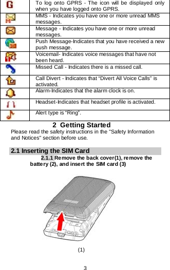  3   To log onto GPRS  - The icon will be displayed only when you have logged onto GPRS.  MMS - Indicates you have one or more unread MMS messages.   Message - Indicates you have one or more unread messages.  Push Message-Indicates that you have received a new push message.  Voicemail- Indicates voice messages that have not been heard.  Missed Call - Indicates there is a missed call.  Call Divert - Indicates that “Divert All Voice Calls” is activated.  Alarm-Indicates that the alarm clock is on.  Headset-Indicates that headset profile is activated.  Alert type is “Ring”. 2  Getting Started Please read the safety instructions in the &quot;Safety Information and Notices&quot; section before use.  2.1 Inserting the SIM Card 2.1.1 Remove the back cover(1), remove the batte ry (2), and inse rt the SIM card (3)                                                                                   (1) 