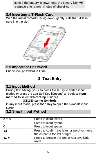  5  Note: If the battery is powerless, the battery icon will reappear after a few minutes of charging.  2.4 Inserting a T-Flash Card With the metal contacts facing down, gently slide the T-Flash card into the slot.             2.5 Important Password Phone lock password is 1234.  3  Text Entry 3.1 Input Method During text editing, you can press the # Key to switch input modes or press the Left Soft Key [Options] and select Input method to select different input modes. 3.1.1 Entering Symbols In any input mode, press the * Key to open the symbols input screen.   3.2 Smart Input Method  2 to 9 Press to input letters. 1 Press to input symbol. 0 Press to input space. ◀/▶ Press to confirm the letter or word, or move the cursor to the left or right. ▲/▼ Press to browse the last or next available word. 