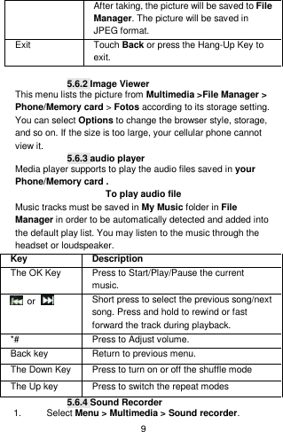    9  After taking, the picture will be saved to File Manager. The picture will be saved in JPEG format. Exit   Touch Back or press the Hang-Up Key to exit.    5.6.2 Image Viewer This menu lists the picture from Multimedia &gt;File Manager &gt; Phone/Memory card &gt; Fotos according to its storage setting. You can select Options to change the browser style, storage, and so on. If the size is too large, your cellular phone cannot view it. 5.6.3 audio player Media player supports to play the audio files saved in your Phone/Memory card . To play audio file Music tracks must be saved in My Music folder in File Manager in order to be automatically detected and added into the default play list. You may listen to the music through the headset or loudspeaker.   Key Description The OK Key   Press to Start/Play/Pause the current music.  or  Short press to select the previous song/next song. Press and hold to rewind or fast forward the track during playback. *# Press to Adjust volume.   Back key Return to previous menu. The Down Key Press to turn on or off the shuffle mode The Up key Press to switch the repeat modes 5.6.4 Sound Recorder 1.    Select Menu &gt; Multimedia &gt; Sound recorder. 