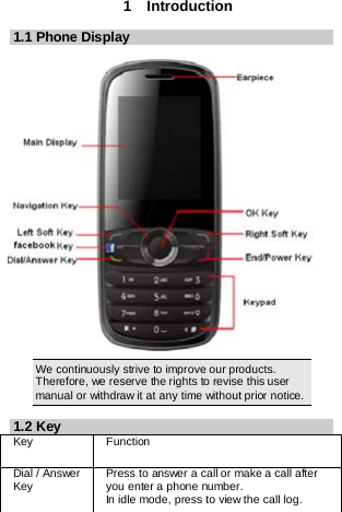 1  Introduction 1.1 Phone Display                         We continuously strive to improve our products. Therefore, we reserve the rights to revise this user manual or withdraw it at any time without prior notice.   1.2 Key Key Function   Dial / Answer Key Press to answer a call or make a call after you enter a phone number.    In idle mode, press to view the call log. 