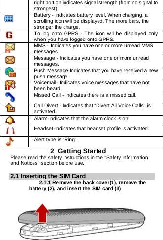    3  right portion indicates signal strength (from no signal to strongest).  Battery - Indicates battery level. When charging, a scrolling icon will be displayed. The more bars, the stronger the charge.  To log onto GPRS - The icon will be displayed only when you have logged onto GPRS.  MMS - Indicates you have one or more unread MMS messages.   Message - Indicates you have one or more unread messages.  Push Message-Indicates that you have received a new push message.  Voicemail- Indicates voice messages that have not been heard.  Missed Call - Indicates there is a missed call.  Call Divert - Indicates that “Divert All Voice Calls” is activated.  Alarm-Indicates that the alarm clock is on.  Headset-Indicates that headset profile is activated.  Alert type is “Ring”. 2  Getting Started Please read the safety instructions in the &quot;Safety Information and Notices&quot; section before use.  2.1 Inserting the SIM Card 2.1.1 Remove the back cover(1), remove the battery (2), and insert the SIM card (3)        