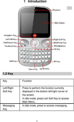 1  1  Introduction 1.1 Phone Display                   1.2 Key  Key  Function  Left/Right Soft Key Press to perform the function currently displayed in the bottom left/right corner of the screen. In idle mode, press Left Soft Key to access Main Menu. Messaging Key In idle mode, press to access messaging. 