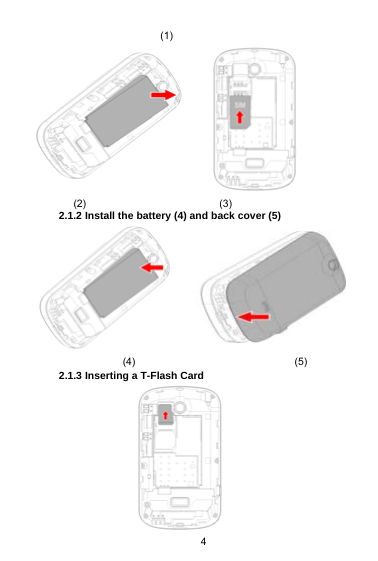 4(1)(2) (3)2.1.2 Install the battery (4) and back cover (5)(4) (5)2.1.3 Inserting a T-Flash Card