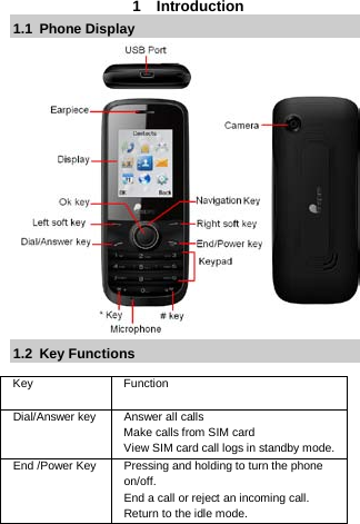  1  Introduction 1.1  Phone Display                1.2  Key Functions  Key Function   Dial/Answer key Answer all calls   Make calls from SIM card View SIM card call logs in standby mode. End /Power Key Pressing and holding to turn the phone on/off. End a call or reject an incoming call. Return to the idle mode. 