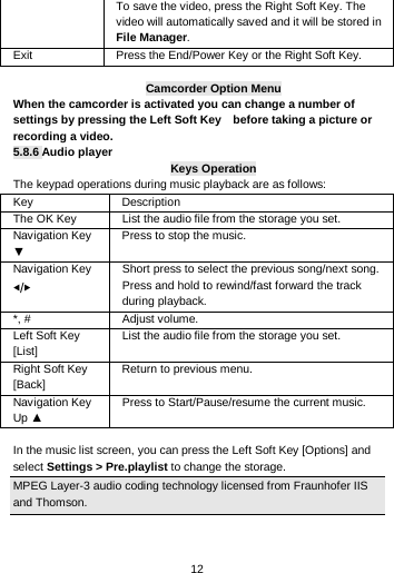  12 To save the video, press the Right Soft Key. The video will automatically saved and it will be stored in File Manager.   Exit    Press the End/Power Key or the Right Soft Key.  Camcorder Option Menu When the camcorder is activated you can change a number of settings by pressing the Left Soft Key    before taking a picture or recording a video.  5.8.6 Audio player Keys Operation The keypad operations during music playback are as follows: Key Description The OK Key   List the audio file from the storage you set. Navigation Key ▼ Press to stop the music. Navigation Key ◀/▶   Short press to select the previous song/next song. Press and hold to rewind/fast forward the track during playback. *, # Adjust volume.   Left Soft Key [List] List the audio file from the storage you set. Right Soft Key [Back] Return to previous menu. Navigation Key Up ▲ Press to Start/Pause/resume the current music.  In the music list screen, you can press the Left Soft Key [Options] and select Settings &gt; Pre.playlist to change the storage. MPEG Layer-3 audio coding technology licensed from Fraunhofer IIS and Thomson. 