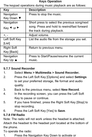 Keys OperationThe keypad operations during music playback are as follows:Key DescriptionNavigationKey Down ▼Presstostopthemusic.NavigationKey ◀or ▶Short press to select the previous song/nextsong. Press and hold to rewind/fast forwardthe track during playback.+, - Adjust volume.Left Soft Key[List]List the audio file from the storage you set.Right SoftKey [Back]Return to previous menu.NavigationKey Up ▲Press to Start/Pause/resume the currentmusic.5.7.7 Sound Recorder1. Select Menu &gt; Multimedia &gt; Sound Recorder.2. Press the Left Soft Key [Options] and select Settingsto set your preferred storage, file format and audioquality.3. Back to the previous menu, select New Record.4. In the recording screen, you can press the Left SoftKey to pause or continue.5. If you have finished, press the Right Soft Key [Stop] tostop recording.6. Press the Left Soft Key [Yes] to Save.5.7.8 FM RadioNote: The radio will not work unless the headset is attached.Attach the headset to the headset port located at the bottom ofthe phone.To operate the radio:1. Press the Navigation Key Down to activate or