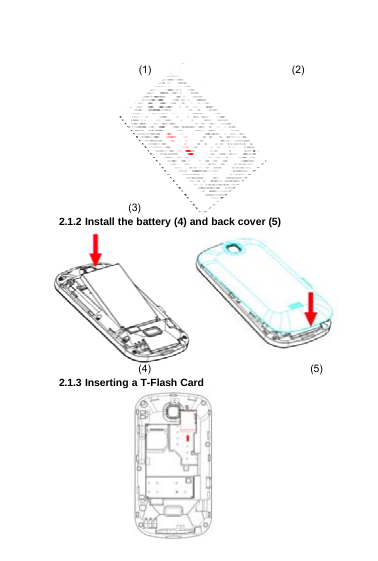 (1) (2)(3)2.1.2 Install the battery (4) and back cover (5)(4) (5)2.1.3 Inserting a T-Flash Card