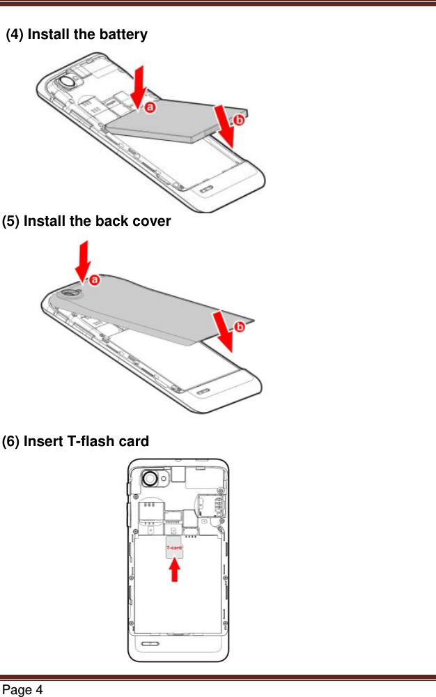 Page 4   (4) Install the battery        (5) Install the back cover   (6) Insert T-flash card 