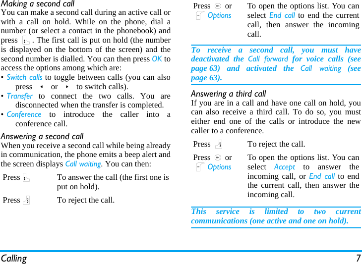 Calling 7Making a second callYou can make a second call during an active call orwith a call on hold. While on the phone, dial anumber (or select a contact in the phonebook) andpress (. The first call is put on hold (the numberis displayed on the bottom of the screen) and thesecond number is dialled. You can then press OK toaccess the options among which are:•Switch calls to toggle between calls (you can alsopress &lt; or &gt; to switch calls).•Transfer to connect the two calls. You aredisconnected when the transfer is completed.•Conference to introduce the caller into aconference call.Answering a second callWhen you receive a second call while being alreadyin communication, the phone emits a beep alert andthe screen displays Call waiting. You can then:To receive a second call, you must havedeactivated the Call forward for voice calls (seepage 63) and activated the Call waiting (seepage 63).Answering a third callIf you are in a call and have one call on hold, youcan also receive a third call. To do so, you musteither end one of the calls or introduce the newcaller to a conference.This service is limited to two currentcommunications (one active and one on hold).Press(To answer the call (the first one isput on hold).Press)To reject the call.Press,orLOptionsTo open the options list. You canselect End call to end the currentcall, then answer the incomingcall.Press )To reject the call.Press,orLOptionsTo open the options list. You canselect  Accept to answer theincoming call, or End call to endthe current call, then answer theincoming call.