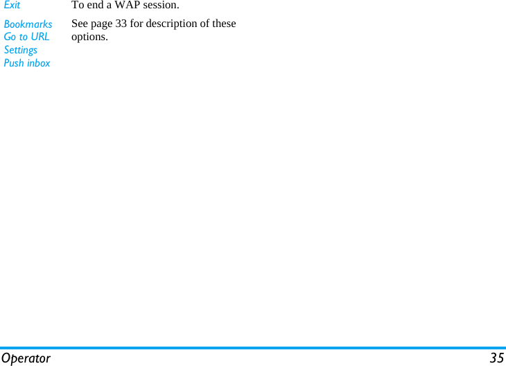 Operator 35Exit To end a WAP session.BookmarksGo to URLSettingsPush inboxSee page 33 for description of theseoptions.