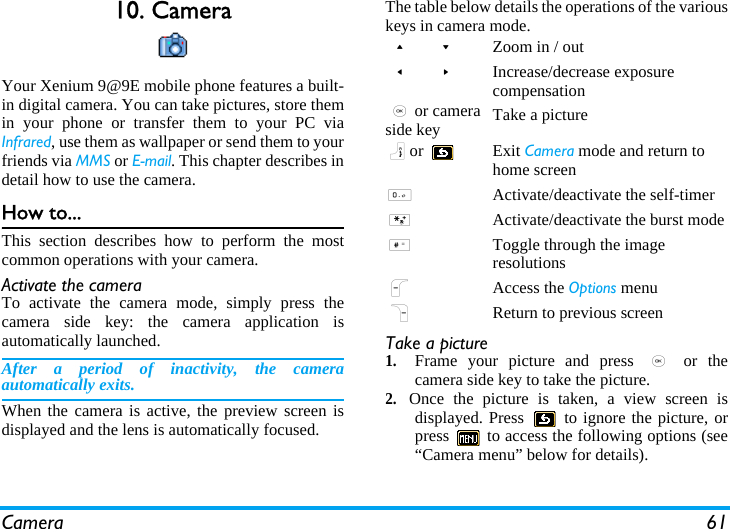 Camera 6110. CameraYour Xenium 9@9E mobile phone features a built-in digital camera. You can take pictures, store themin your phone or transfer them to your PC viaInfrared, use them as wallpaper or send them to yourfriends via MMS or E-mail. This chapter describes indetail how to use the camera.How to...This section describes how to perform the mostcommon operations with your camera.Activate the camera To activate the camera mode, simply press thecamera side key: the camera application isautomatically launched.After a period of inactivity, the cameraautomatically exits.When the camera is active, the preview screen isdisplayed and the lens is automatically focused.The table below details the operations of the variouskeys in camera mode.Take a picture1.Frame your picture and press , or thecamera side key to take the picture.2.Once the picture is taken, a view screen isdisplayed. Press   to ignore the picture, orpress   to access the following options (see“Camera menu” below for details).+ - Zoom in / out&lt; &gt; Increase/decrease exposure compensation,or camera side key Take a picture)or Exit Camera mode and return to home screen0Activate/deactivate the self-timer*Activate/deactivate the burst mode#Toggle through the image resolutionsLAccess the Options menuRReturn to previous screen