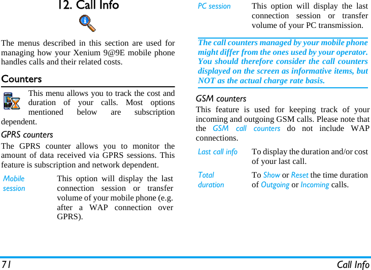 71 Call Info12. Call InfoThe menus described in this section are used formanaging how your Xenium 9@9E mobile phonehandles calls and their related costs.CountersThis menu allows you to track the cost andduration of your calls. Most optionsmentioned below are subscriptiondependent.GPRS countersThe GPRS counter allows you to monitor theamount of data received via GPRS sessions. Thisfeature is subscription and network dependent.GSM countersThis feature is used for keeping track of yourincoming and outgoing GSM calls. Please note thatthe  GSM call counters do not include WAPconnections.MobilesessionThis option will display the lastconnection session or transfervolume of your mobile phone (e.g.after a WAP connection overGPRS).PC session This option will display the lastconnection session or transfervolume of your PC transmission.The call counters managed by your mobile phonemight differ from the ones used by your operator.You should therefore consider the call countersdisplayed on the screen as informative items, butNOT as the actual charge rate basis.Last call info To display the duration and/or costof your last call.TotaldurationTo Show or Reset the time durationof Outgoing or Incoming calls.